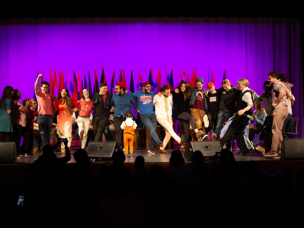 Students from UW-Stout's international community gathered for a celebration of their diverse cultures. Various nationalities presented booths highlighting features of their home country, followed by a performance on stage.
