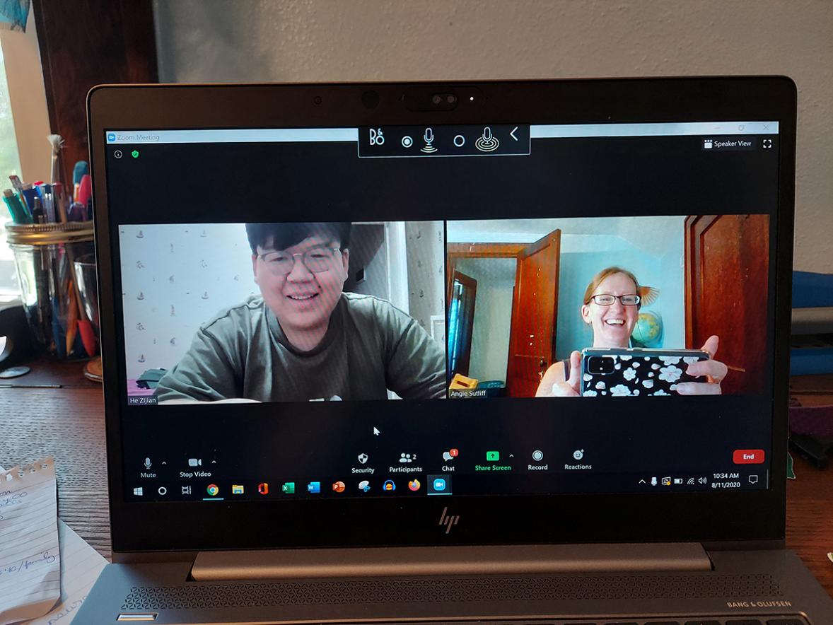 Angie Sutliff, at right, talks with Summer in the Midwest student Zijian He over a video chat. Students from China and South Korea were still able to attend the UW-Stout cultural exchange virtually to improve their oral communications and learn about American culture and meet residents.