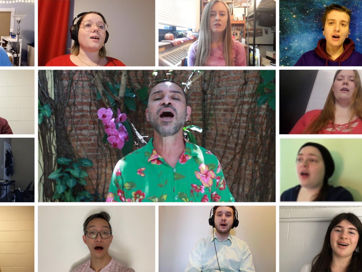 Choir members, including Director Jerry Hui second from left in the bottom row, sing virtually with Paulo Padilha, center.