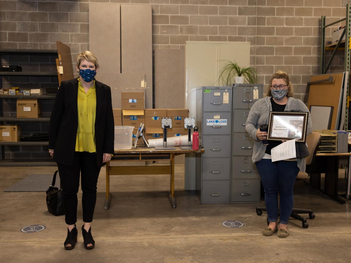 UW-Stout Chancellor Katherine Frank, at left, gave the University Staff Employee Appreciation Award to Bobbi Larson.