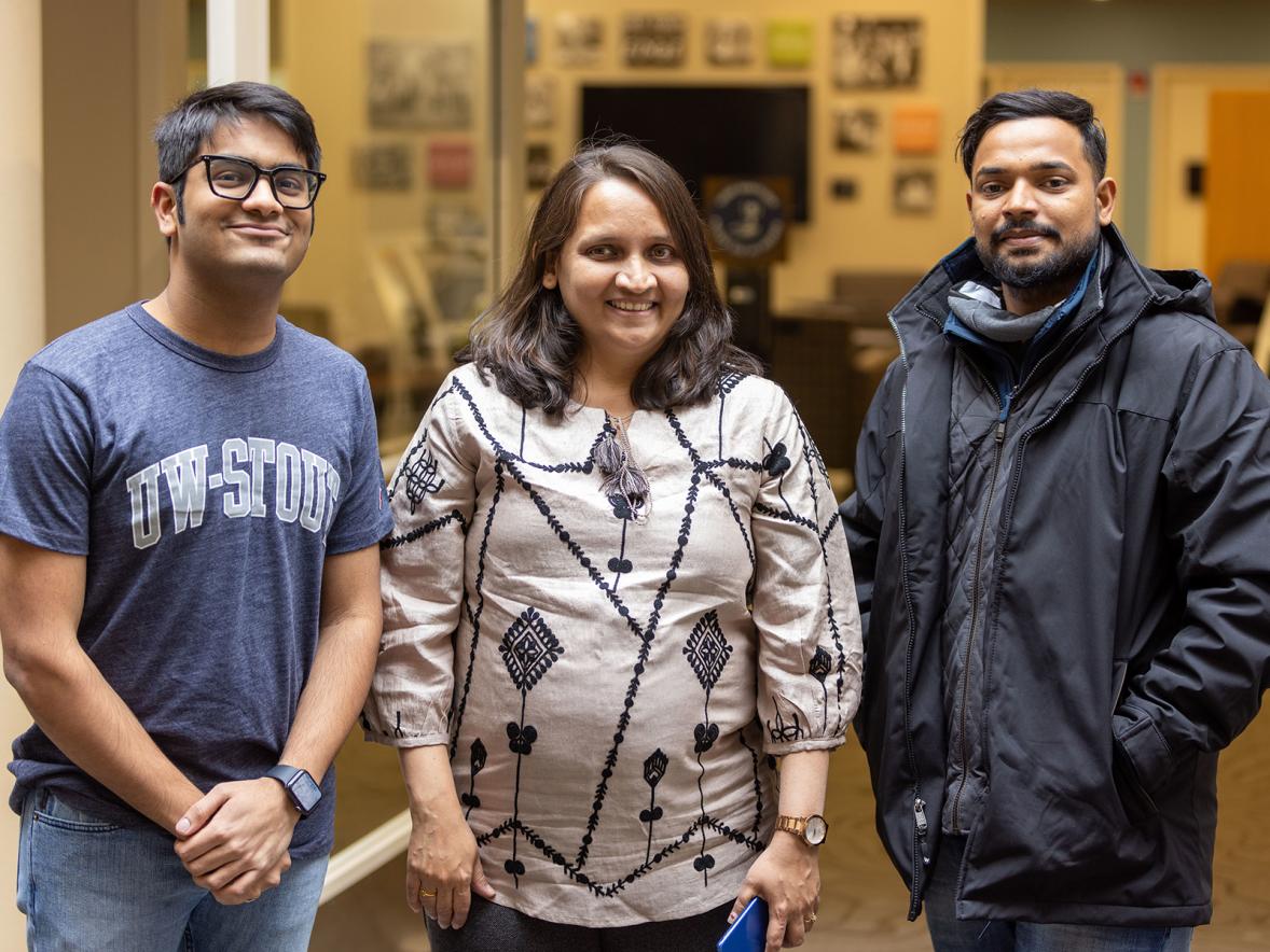 Student recruiter Anagha Pednekar, center, meets with two students from India, Vini Tapadiya, left, and Kiran Mane during her visit to UW-Stout.