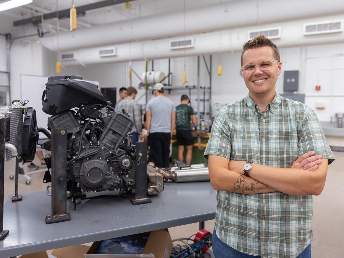 Two Indian Motorcycle engines donated by Polaris will be studied by mechanical engineering students at UW-Stout thanks to a professorship awarded Devin Berg, who has overseen development of a stand to hold and operate the engines for classes.