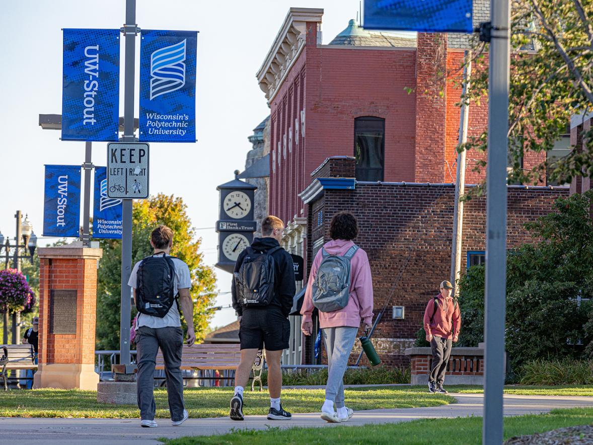 Students walk to class near Harvey Hall during the first week of the 2024 fall semester at UW-Stout.