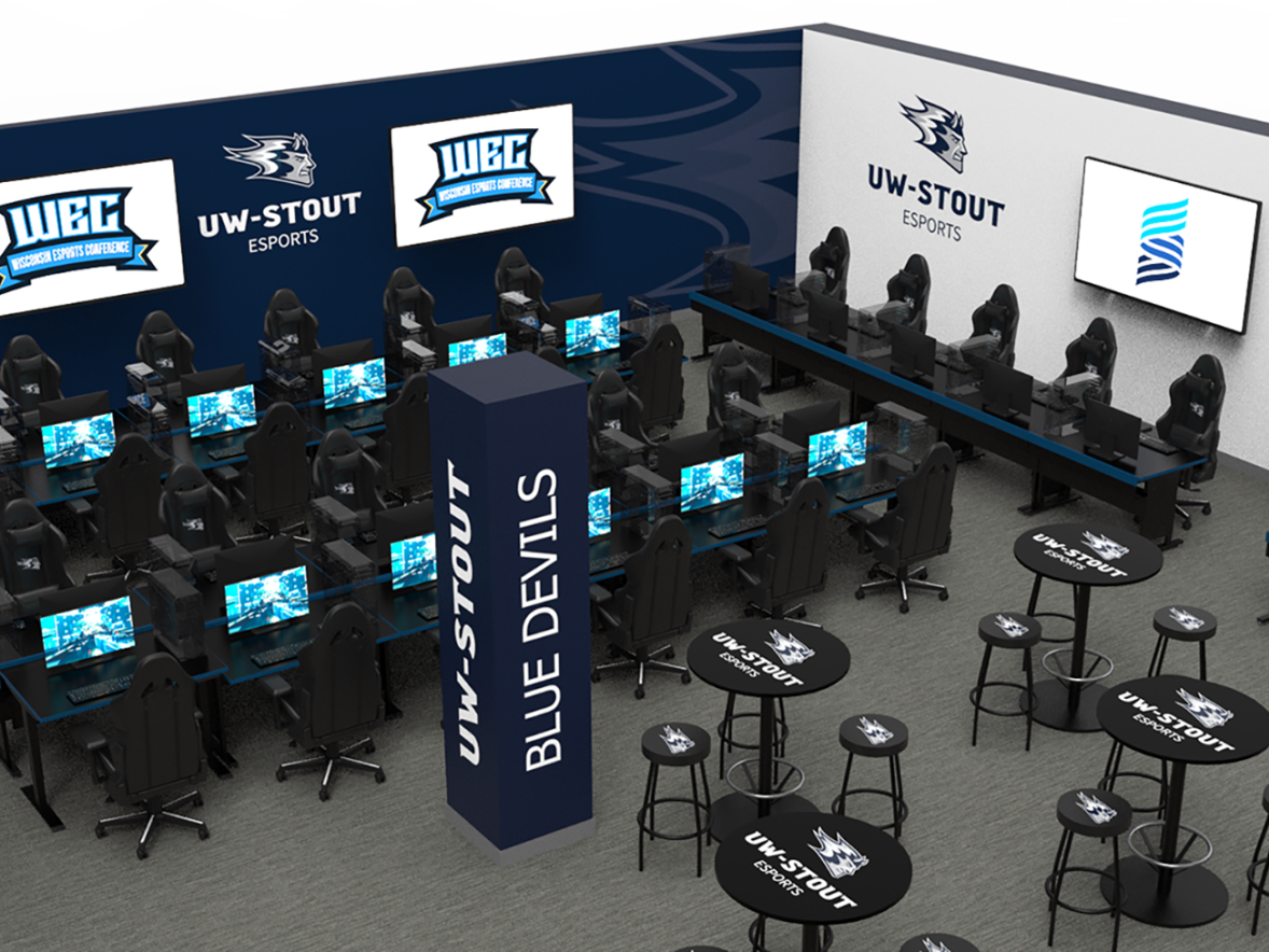 A rendering shows a potential interior of a new $1 million arena for the UW-Stout esports program on the first floor of the University Library, thanks to a gift from the Stout Foundation.