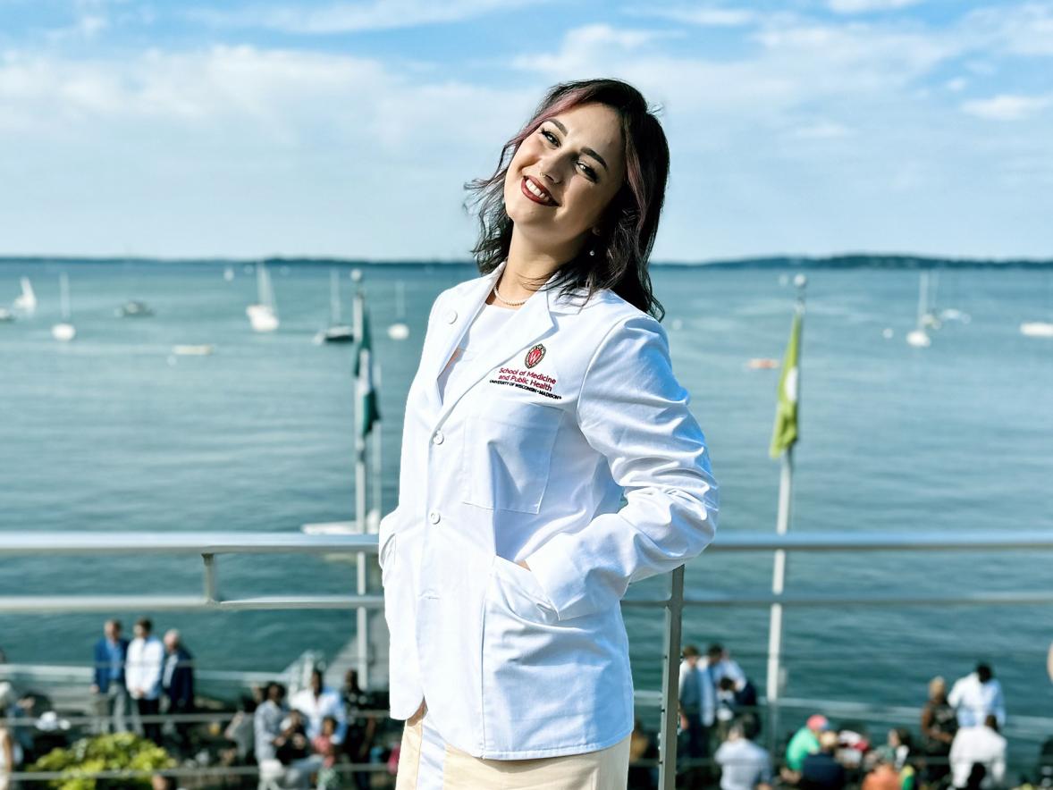 Anna Brooks, a 2023 UW-Stout applied science graduate with a focus on Prehealth Sciences, celebrated her white coat ceremony after beginning medical school this fall at UW-Madison.