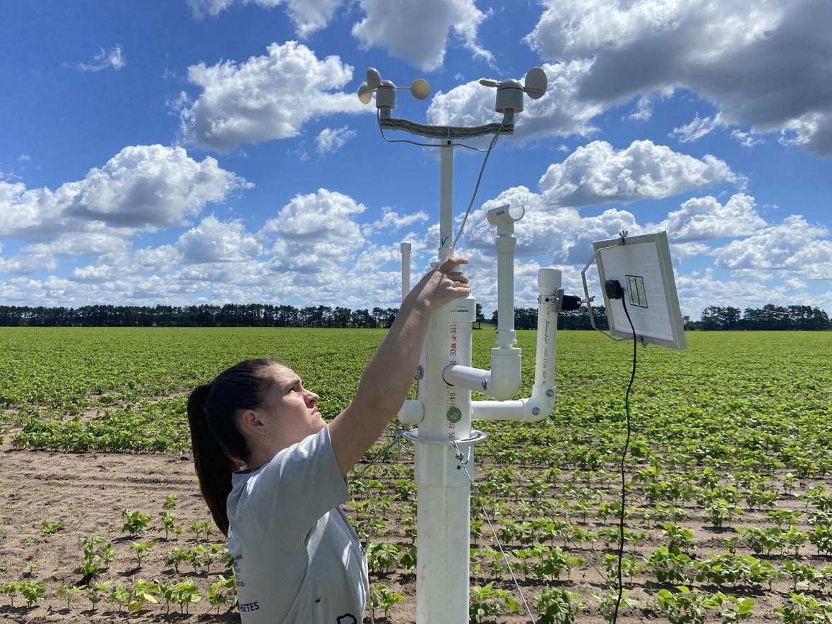 UW-Stout student Lindsey Redepenning works in a Chippewa Valley Bean field on a weather station that was developed as part of the Crop Per Drop project funded by the Freshwater Collaborative of Wisconsin.