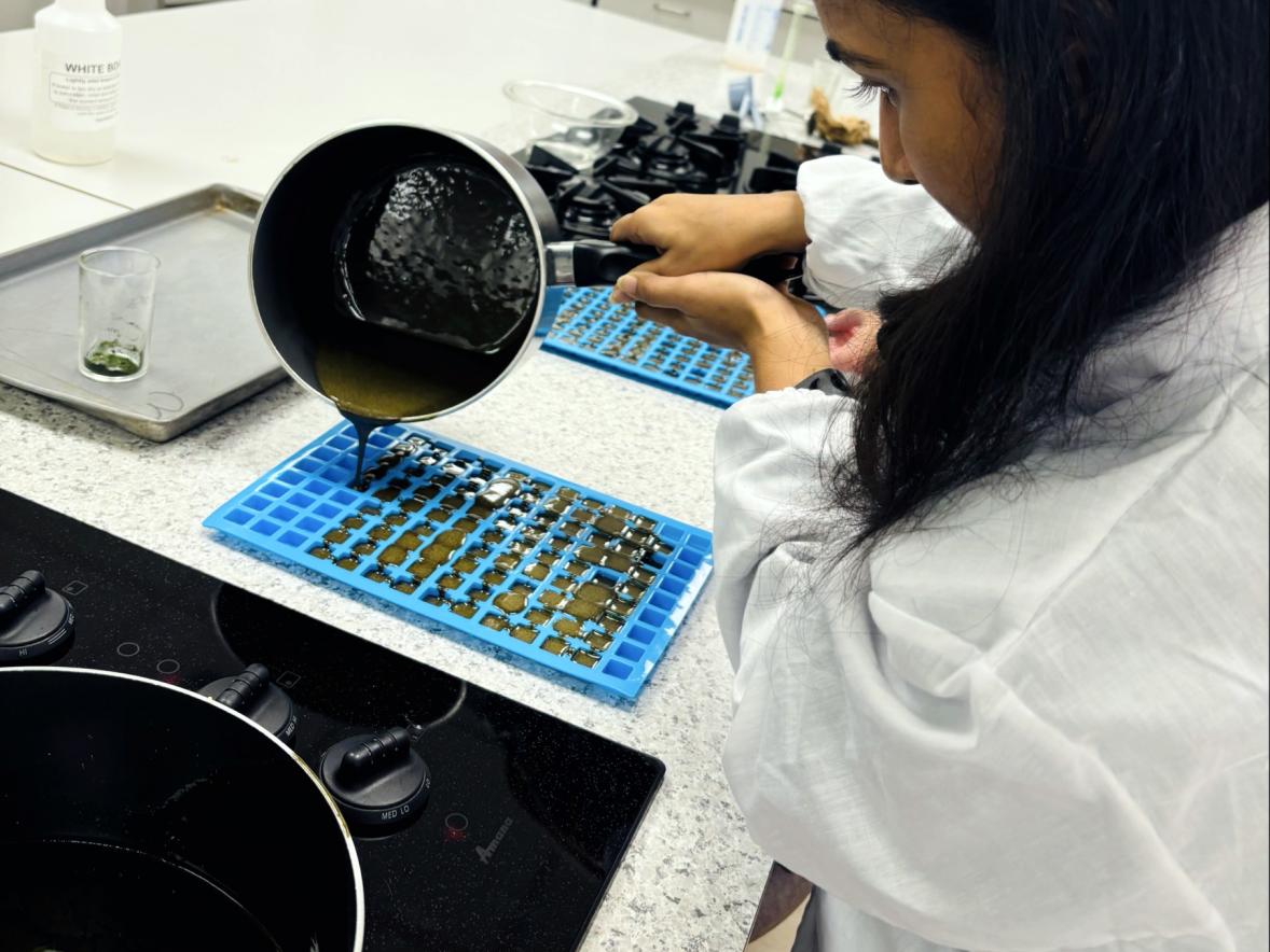 Female scientist pours liquid in lab