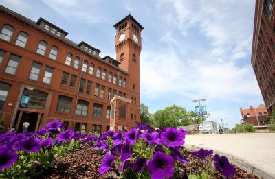Bowman Hall on a sunny day with purple flowers in the foreground.
