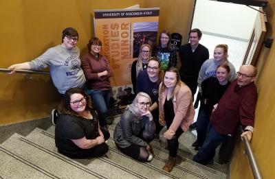 Communication Studies minors with Professors Paul Calenberg and Jennifer Hawkins, Harvey Hall stairwell, April 2019.