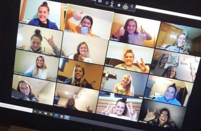 Screenshot of Erin O'Brien and friends in a Zoom meeting.