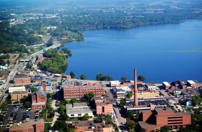 An aerial view of Menomonie, looking north from the UW-Stout campus and downtown.