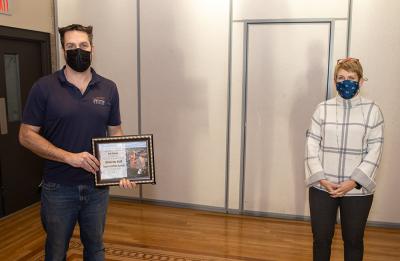 Josh Schram with Chancellor Katherine Frank photo.