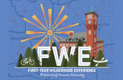 First-Year Wilderness Experience logo for 2021, depicting the Stout Clocktower, pine trees and sunshine.