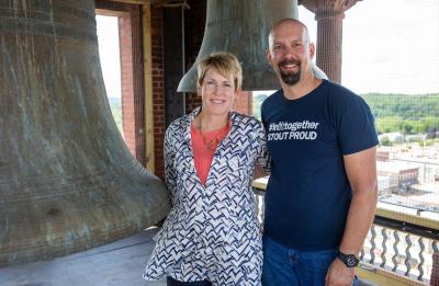 Chancellor Frank and her husband, Joe Dvorsky, touring the Clock Tower