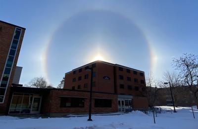 Sun dogs glow over the residence halls in February.