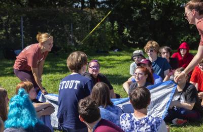 Stoutward Bound students at the Stout Adventures rope course.