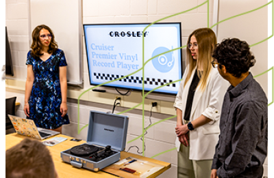 Students complete product pitch in business class.