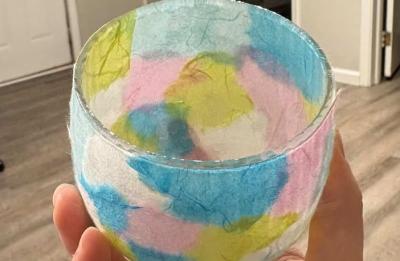 Round candeleholder covered with pastel Japanese washi paper