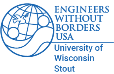 Blue outline of a globe incorporating "Engineers Without Borders USA" in text along with "University of Wisconsin-Stout Chapter" under a horizontal rule.