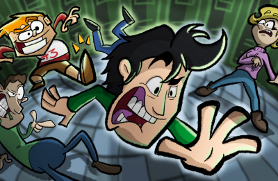 Illustration showing animated characters running through a stylized digital environment.
