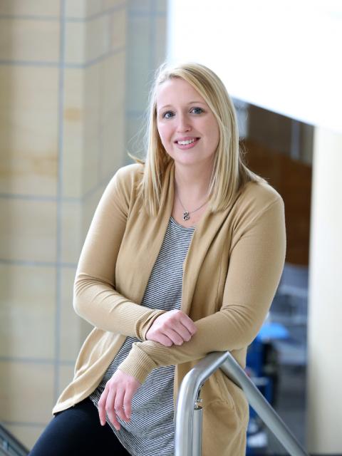 Supply chain management graduate Destiny Vojtik, pictured in the MSC stairwell.