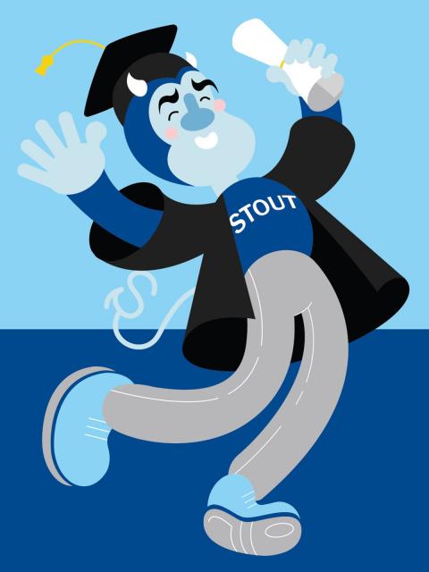 Blaze, animated by graphic design students, in cap and gown.