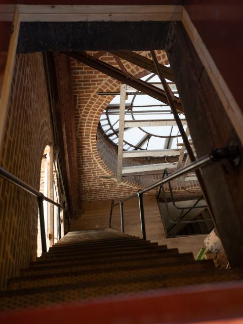 The top three levels of the Clock Tower have three steep, metal staircases totaling 89 steps.
