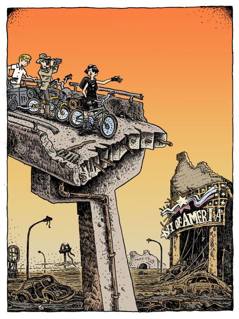 Ken Avidor's depiction of the ruins of the Mall of America in his graphic novel "Bicyclopolis."
