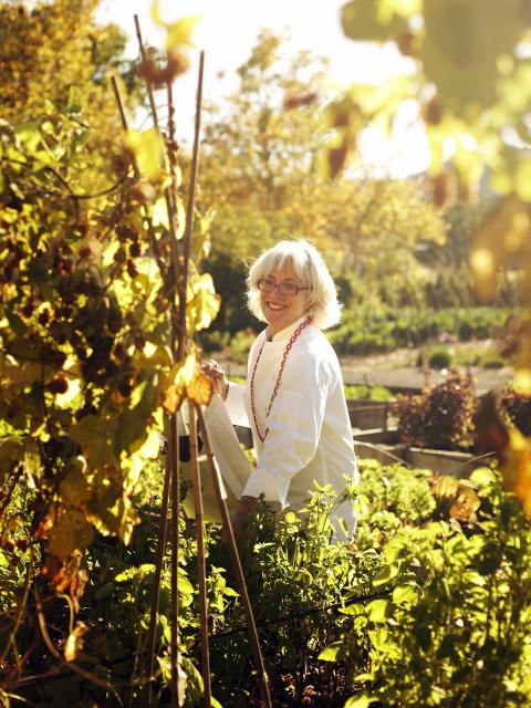 Chef and owner Cindy Pawlcyn visits the six-acre garden at Mustards Grill, which is known for its fresh, organic ingredients. / Photo courtesy of Mustards Grill