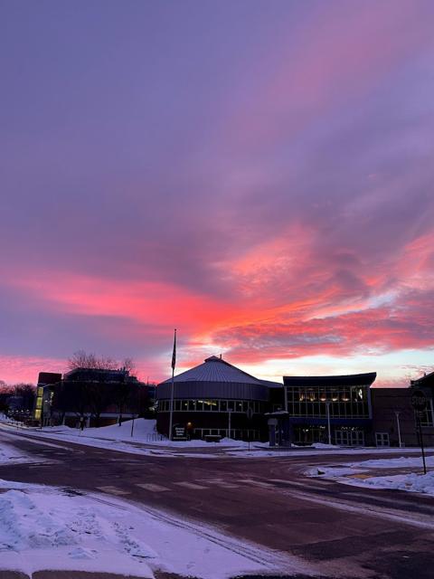 A January sunrise over the Memorial Student Center.
