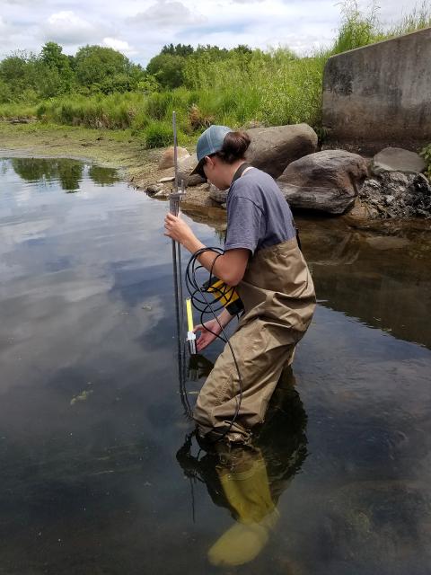 Student Conor Dougherty tests water from the Straight River in Polk County, where UW-Stout’s limnology center treats several lakes.