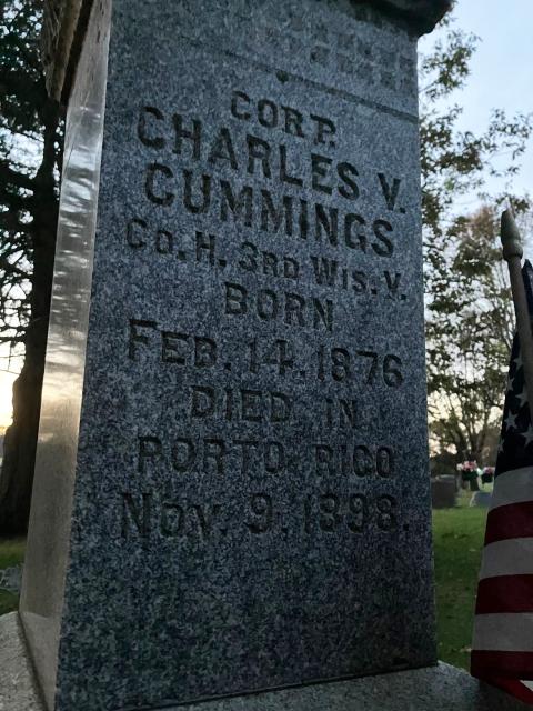 Charles Cummings is buried in the Forest Center Cemetery in the town of Spring Brook, southeast of Menomonie.