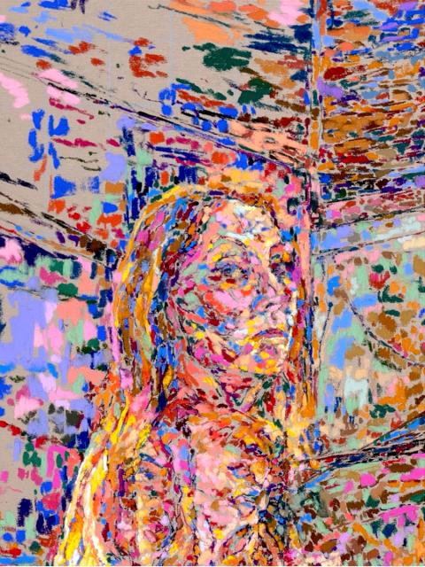A painting of a woman looking over her shoulder