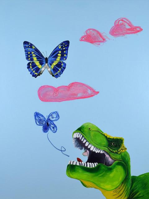 Painting of a T Rex and butterfly, by Adam Umbach